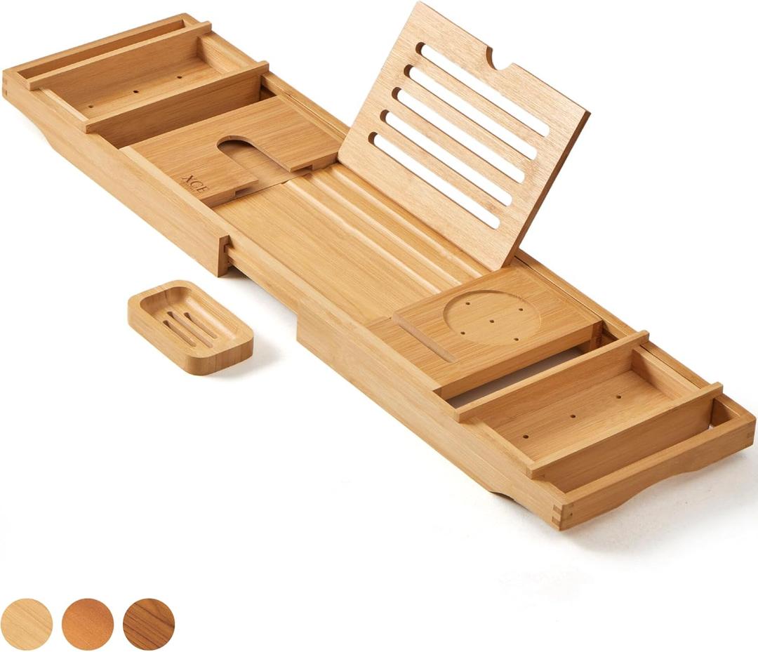 XcE Bathtub Caddy Tray Expandable to 105cm with Bamboo Book Stand and Soap Tray, Natural