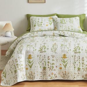 Joyreap 3 Pieces Reversible Quilt Set, Smooth Soft Microfiber Quilt, Yellow Flowers Green Leaves Botanical Design, Bedspread Bed Cover for All Season, 1 Quilt n 2 Pillow Shams (Full/Queen, 90x90)