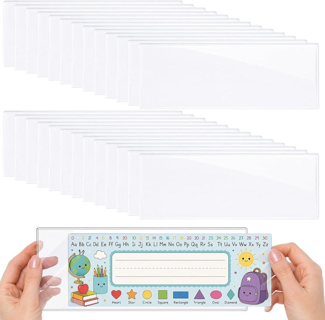 26Pcs Clear Nameplate Pocket PVC Name Tag Sleeves Plastic Index Card Holder | Self Adhesive, Top Open, Organizing Bins Box Drawer, Office Supplies, Storage Bins Labels, Nameplates Covers, Scratch Proof