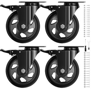 4 Inch Caster Wheels with Brake, Heavy Duty Casters Set of 4, Swivel Top Plate Casters with Double Ball Bearings, Industrial Locking Castor Wheels For Furniture, Workbench, Cabinet(Free Hardware Kits)