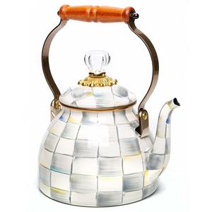 MACKENZIE-CHILDS Enamel Tea Kettle, Stylish Tea Kettle for Stovetop, Grey-and-White Sterling Check, 2 Quarts MACKENZIE-CHILDS Enamel Tea Kettle, Stylish Tea Kettle for Stovetop, Grey-and-White Sterling Check, 2 Quarts