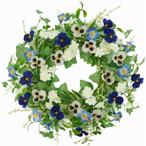 Artificial Spring Summer Wreath with Pansy Flower,Lavender Morning Glory for Front Door Indoor Outdoor Farmhouse Home Wall Window Festival Wedding Decor,