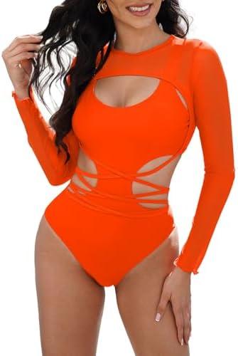 Kisscynest Women's Sexy Cutout One Piece Swimsuit Monokini with Long Sleeve Coverup Shirt, Orange,  M