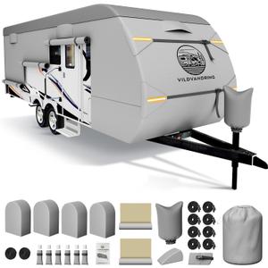 Heavy Duty Travel Trailer RV Cover 14-16ft, 8 Layers Breathable Waterproof Rip-Stop Camper Cover with Adhesive Repair Patches, Gutter, Tire & Additional Straps