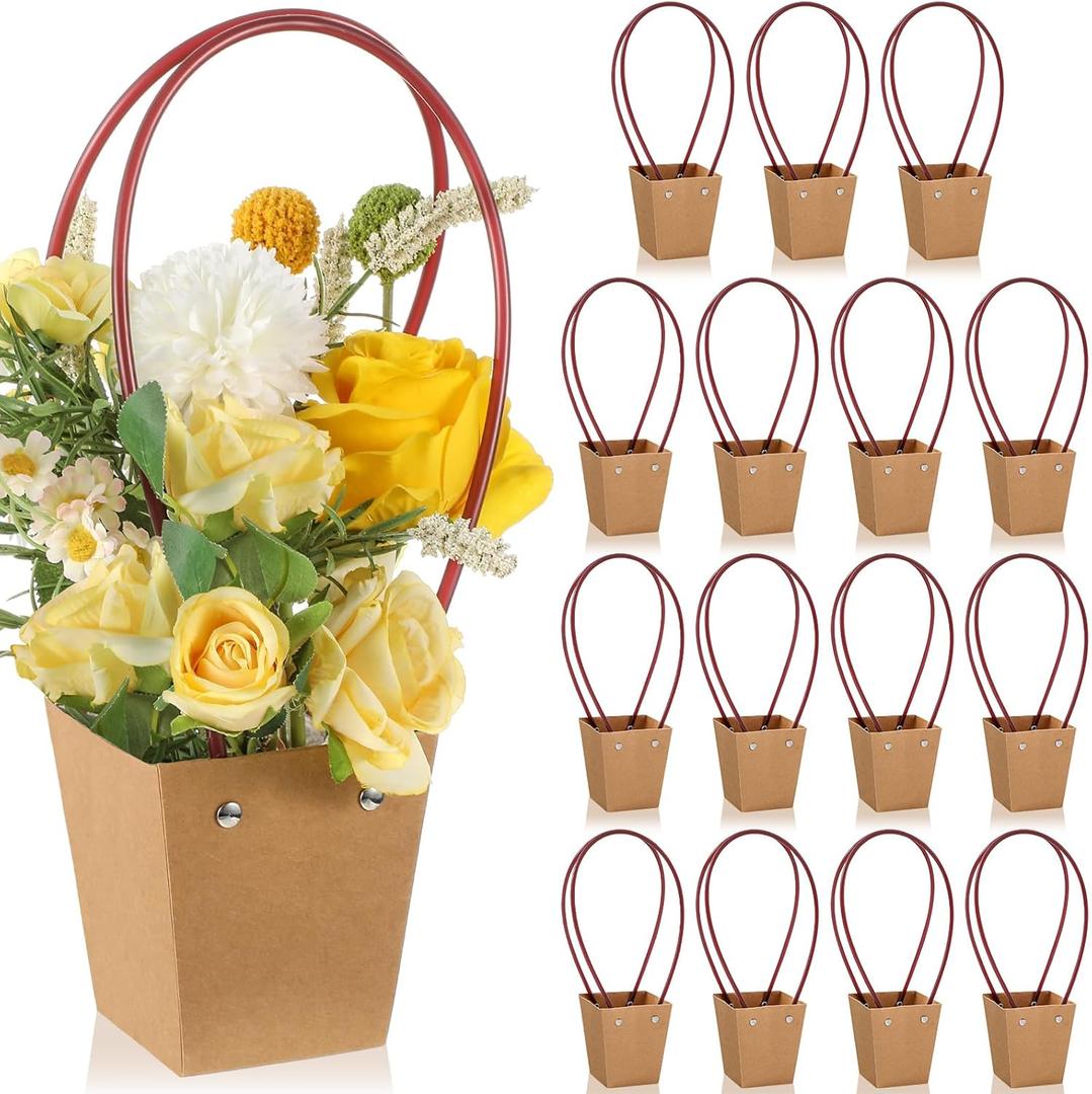 Gilprop 15 Packs Bouquet Bag Kraft Paper Flower Gift Bags with Handle Bouquet Bag Box with Waterproof Lining for Birthday Wedding Party Favors (11.8 x 3.5 x 2.5 Inch,Brown)
