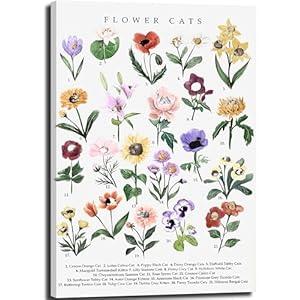 Flowers Cats Canvas Wall Art Botanical Cat Encyclopedic Pictures Wall Decor Whimsical Eclectic Colorful floral Painting Posters Print Artwork for Living Room Bedroom Home (16"L x 12"W)
