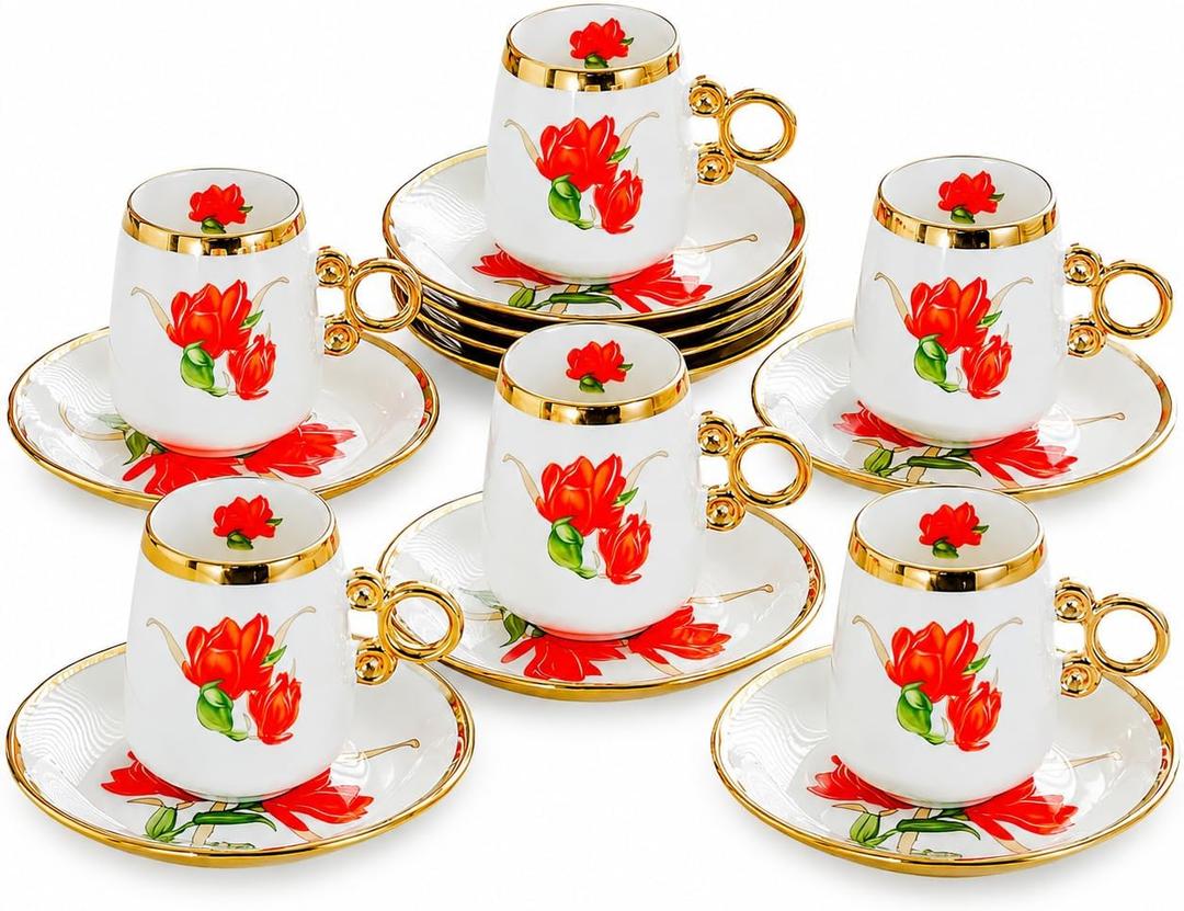 12 Piece Porcelain Tea Cups and Saucers Set - Red Floral Coffee Cups with Gold Trim, 100ml Espresso Turkish Coffee Set, Elegant Tea Party Gift (Red 100ml 6 cups 6 plates)