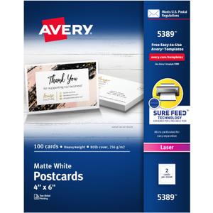 Avery Printable Postcards with Sure Feed Technology, 4" x 6", White, 100 Blank Postcards for Laser Printers (5389)