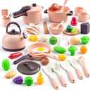 56-Piece Mini Play Kitchen Accessories for Kids Ages 3+, Pretend Cooking Playset with Cookware, Tableware & 2 Fruit Sets, Learning Gift for Girls and Boys, Pink