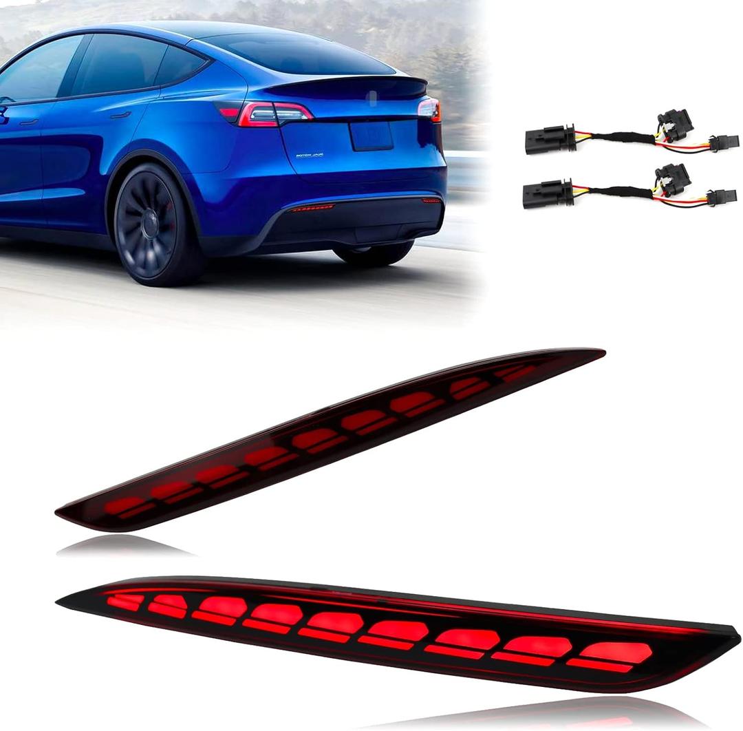 Red Lens Rear Fog Bumper Reflector Brake Tail Sequential Flash Singal Lights Lamp 3 in 1 Compatible with Tesla Model Y 2021 2022 Standard Long Range Performance (Model Y, Red)
