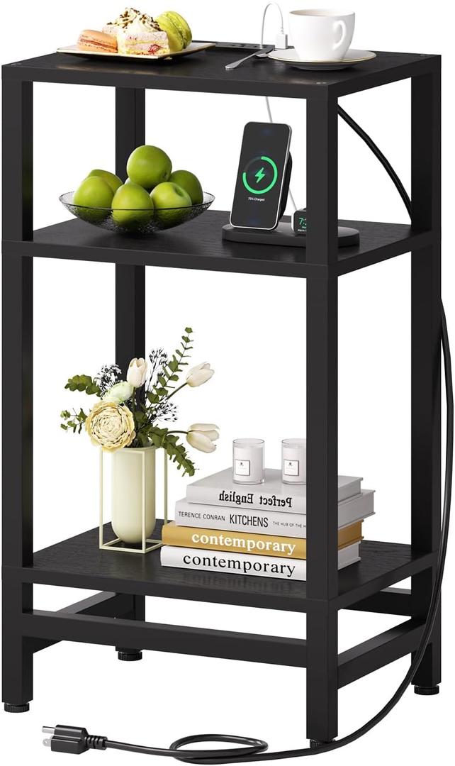 Creso hom Tall Nightstand with Fast Charging Station, 3 Tier Small Table Stand for Small Space, Skinny Side Table with Type C and USB Port, End Tables for Living Room, Bedroom, Office, Black