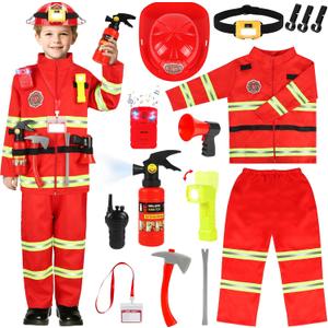 Firefighter Costume for Kids, Fireman Costume with Firefighter Tools, Fire Extinguisher, Helmet Light, Right Angle Flashlight, Kids Dress Up Clothes, Pretend Play Toys Gifts for Boys Age 4+