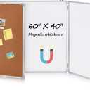 Mooliwe 60"x40" Tri-fold Cork Board Whiteboard Combo, Foldable Combination Magnetic Dry Erase Bulletin Board & Corkboard with Aluminum Frame Wall Mounted for Home, Office and School(Wood)