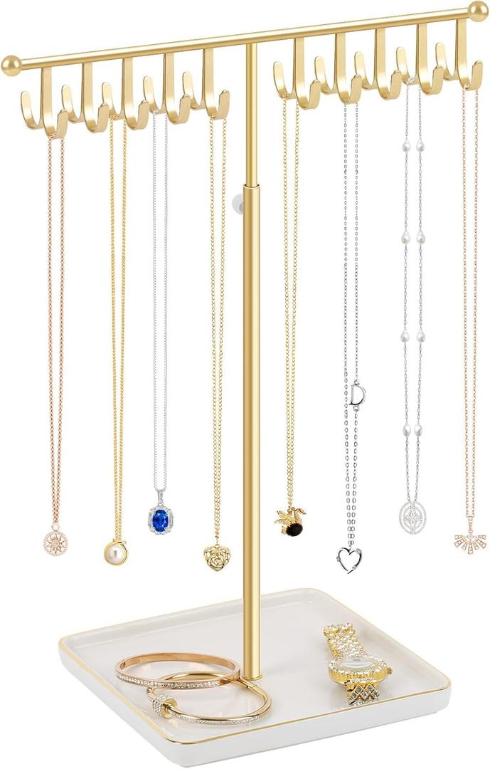 Necklace Holder Elegant Jewelry Holder Stand, Gold Necklace Organizer Rack with Ceramic Base Adjustable Jewelry Tree for Bracelets, Rings, Earrings Necklaces Hanger Display(Gold)