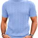 Runcati Mens Knit Short Sleeve T Shirts Casual Crewneck Slim Fit Shirt Cable Knitted Stretch Pullover Tees Sky Blue (Blue)