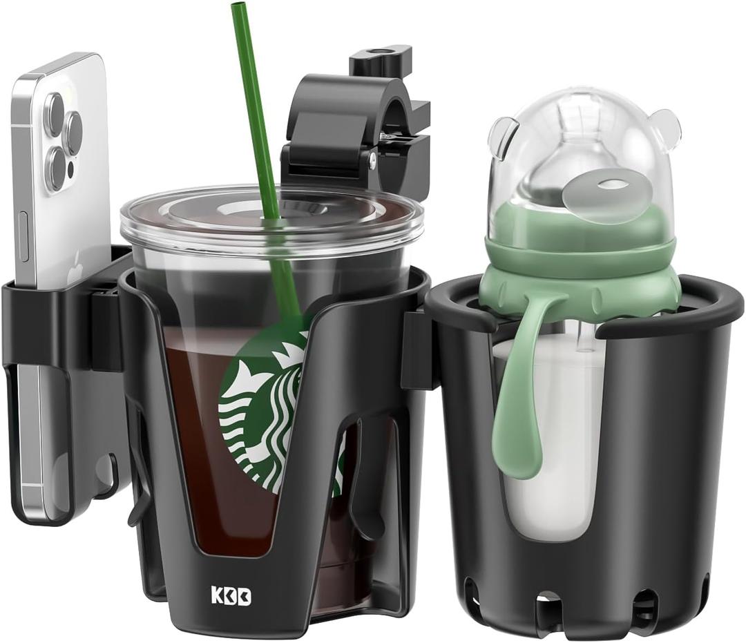 KDD Stroller Cup Holder with Phone Holder, 3-in-1 Removable Bottle Holder, 360 Degrees Rotation Drink Holder for Wheelchair, Stroller, Bike, Walker, Scooter, Bicycle, Uppababy, Bugaboo, Britax (Black)