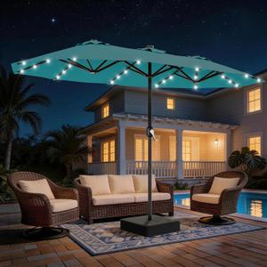 AreShark 13 FT Patio Umbrella with Solar Lights, Double-Sided Outdoor Table Umbrellas with Crank, Large Rectangular Market Umbrella for Porch, Lawn, Pool, Backyard, Lake Blue