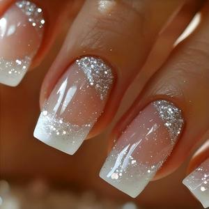 Square Press On Medium French Tips Silver Glitter Acrylic Nails - White Ombre Glue On Shiny Stick On Nude False Nails for Women Girls - 24 Pcs, Set of 2