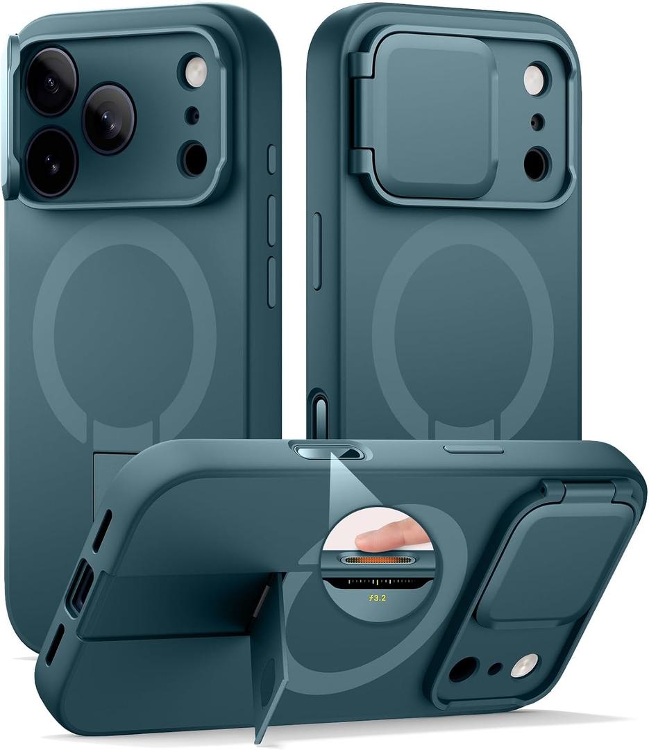 SURITCH for iPhone 17 Pro Case with Camera Control Cover, Camera Cover and Adjustable Kickstand, Compatible with MagSafe, Shockproof Bumper Protective Cases 6.3 Inch, Lake Green