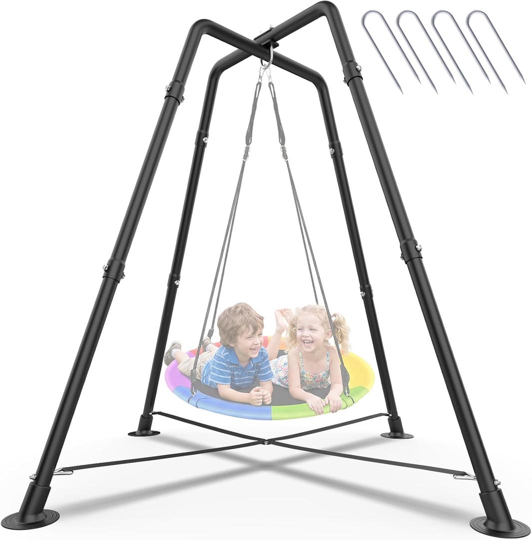 Heavy Duty Swing Stand 32mm Steel Frame 330 lbs Kids Adults | X-Shaped Base, Anti-Rust Coating, 4 Ground Stakes, Rubber Foot Pads, Fits Saucer & Sensory Swings, Indoor Outdoor, Black