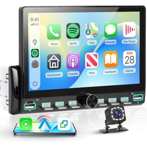 7 inch Single Din Car Stereo with Wireless/Wired CarPlay Android Auto Mirror Link, Car Radio with Bluetooth, Single Din Carplay Radio with Backup Camera Steering Wheel Control FM USB EQ