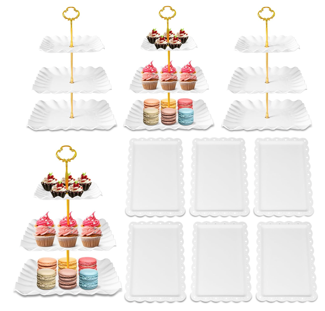 DIDROOM 10 Pack Dessert Table Display Set - 4 x Three-Tier Square Cupcake Stands and 6 x Serving Trays, Elegant Tableware for Cakes, Cupcakes, Pastries, and Snacks, Perfect for Parties (White)