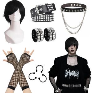 ATAYOU 10PCS Emo Boy Cospaly Costume Accessories Kit 2000s Themed Party Outfits with Black Wig Chocker Belt Nose Gloves Bracelets