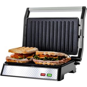 OVENTE Electric Panini Press Sandwich Maker with Non-Stick Coated Plates, Opens 180 Degrees to Fit Any Type or Size of Food, 1000W Indoor Grill Perfect for Quesadillas, Burgers & More, Silver GP0620BR