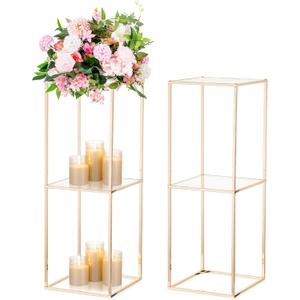 NUPTIO Gold Flower Stands for Centerpiece: 31.5 inch Tall Centerpiece for Wedding Table 2-Layer Pedestal Stand for Party Decoration Set of 2