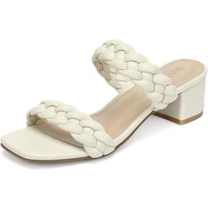 Wide Width Chunky Heels for Women Braided Dressy Sandals Square Open Toe Summer Shoes (White)