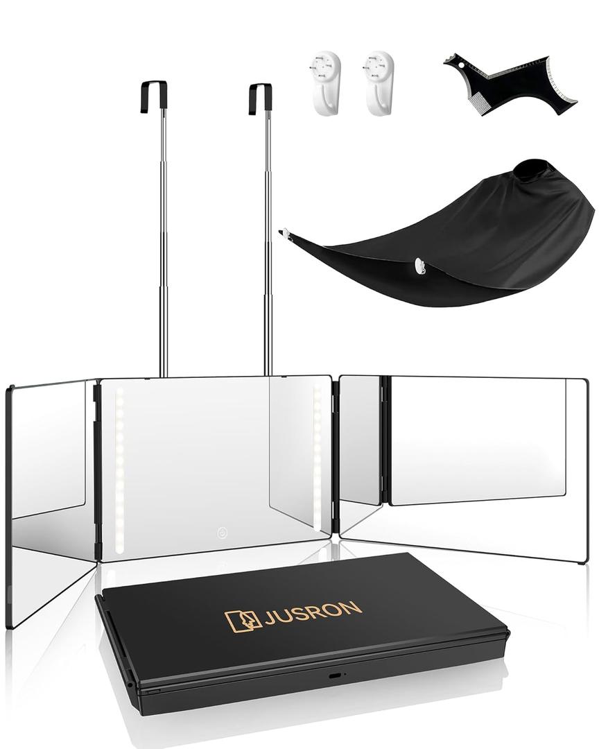 JUSRON 360 Viewing Angle Self Hair Cutting Mirror, Clear Anti-Fog HD Glass (Black with LED with Accessories)