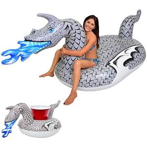 GoFloats Giant Inflatable Pool Floats - Choose Unicorn, Dragon, Flamingo, Swan, or Bull - Includes Drink Float, L