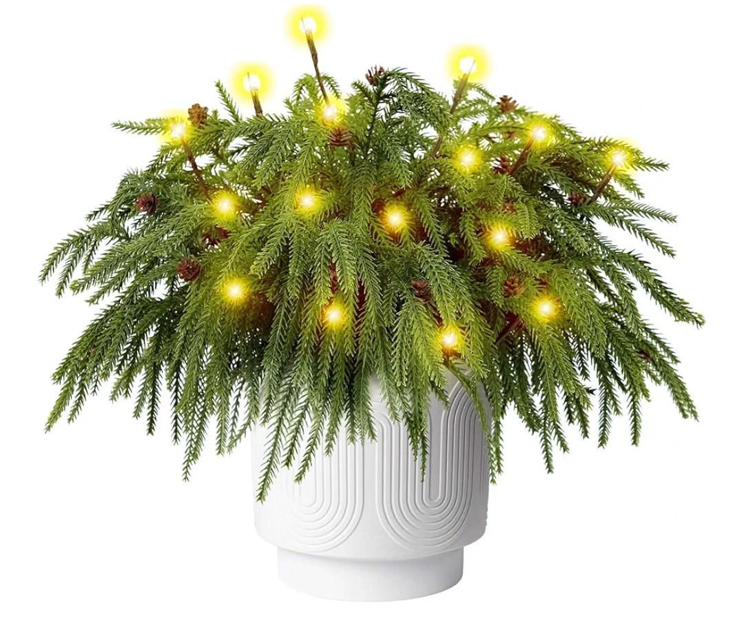 12 Pcs Christmas Norfolk Pine Branches with Branch Lights  18" Norfolk Pine Artificial Xmas Branches with Pine Cones, Norfolk Pine Stems for DIY Crafts Garland Wreath Xmas Indoor Outdoor Home Decor