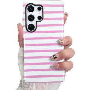 SOKAD Magnetic Horizontal Stripes Phone Case for Samsung Galaxy S25 Ultra | Cute Pink Striped Pattern, Compatible with Magsafe, Screen Protector, Glossy Shockproof Protective Case Cover for Girls Women