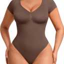 FeelinGirl Shapewear Tummy Control Short Sleeve Bodysuit for Women V Neck Seamless Thong Body Suits Tops (Brown, XL)