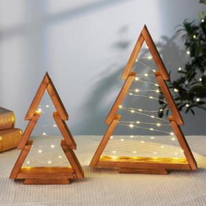 SOONOW 2 Pack Wood Tabletop Christmas Trees with Lights & Timer, Lighted Wooden Christmas Trees Decor, Farmouse Christmas Decorations Indoor for Tables, Mantle, Shelves ( Large 14.2"H & Small 10.2"H)