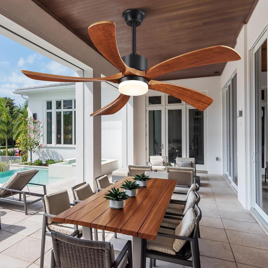 52 Inch Ceiling Fans with Lights Remote Control, 5 Blade Wood Ceiling Fan for Outdoor, 3 Downrods, ETL Listed, Timer, 6 Speeds Noiseless Quiet DC Motor Fan for Patio Bedroom, Yellow Walnut
