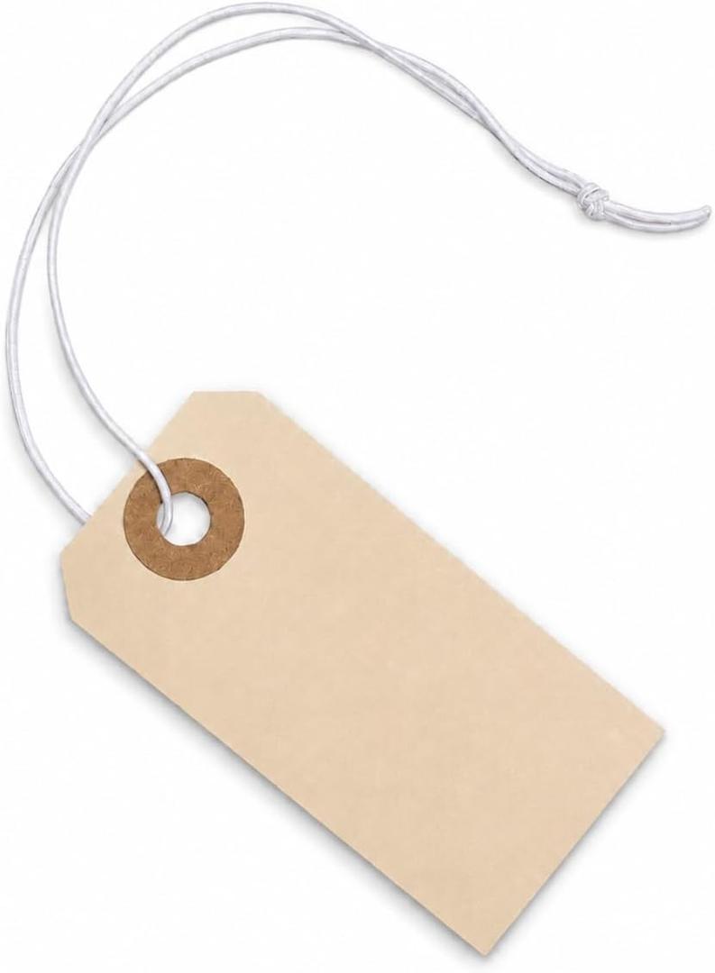 Paper Tags with Strings Attached Elastic- #1, 2 3/4 x 1 3/8, Box of 500 Manila Shipping Label Tags with Elastic String and Reinforced Hole