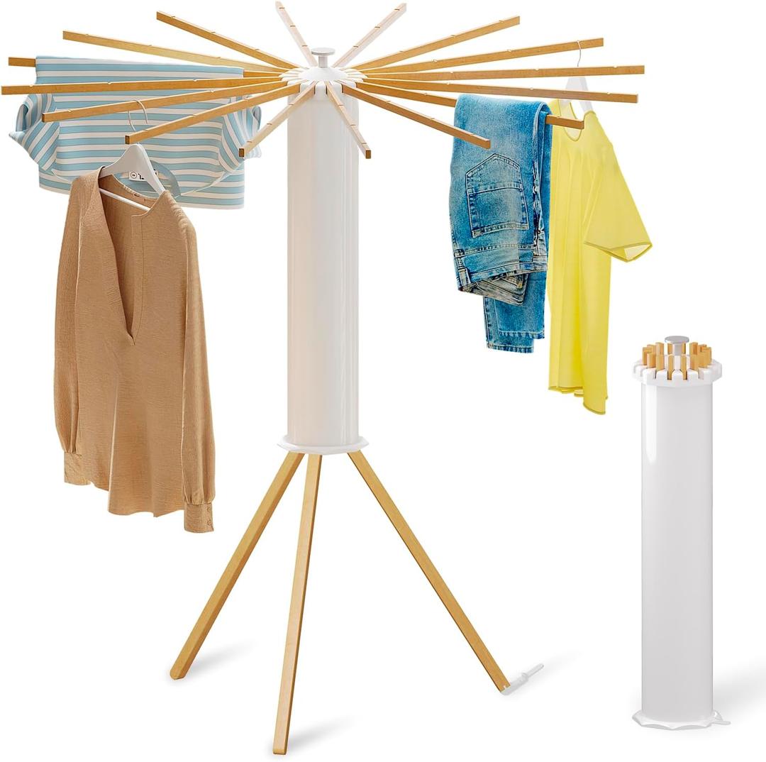 Cylinder Tripod Drying Rack for Clothes | Standing Octopus Dryer Rack for Indoor| Large Round Dryer Rack | 16 Dryer Rods and 360 Rotatable | Compact Household(Wood Feet) (A: Wood Feet)