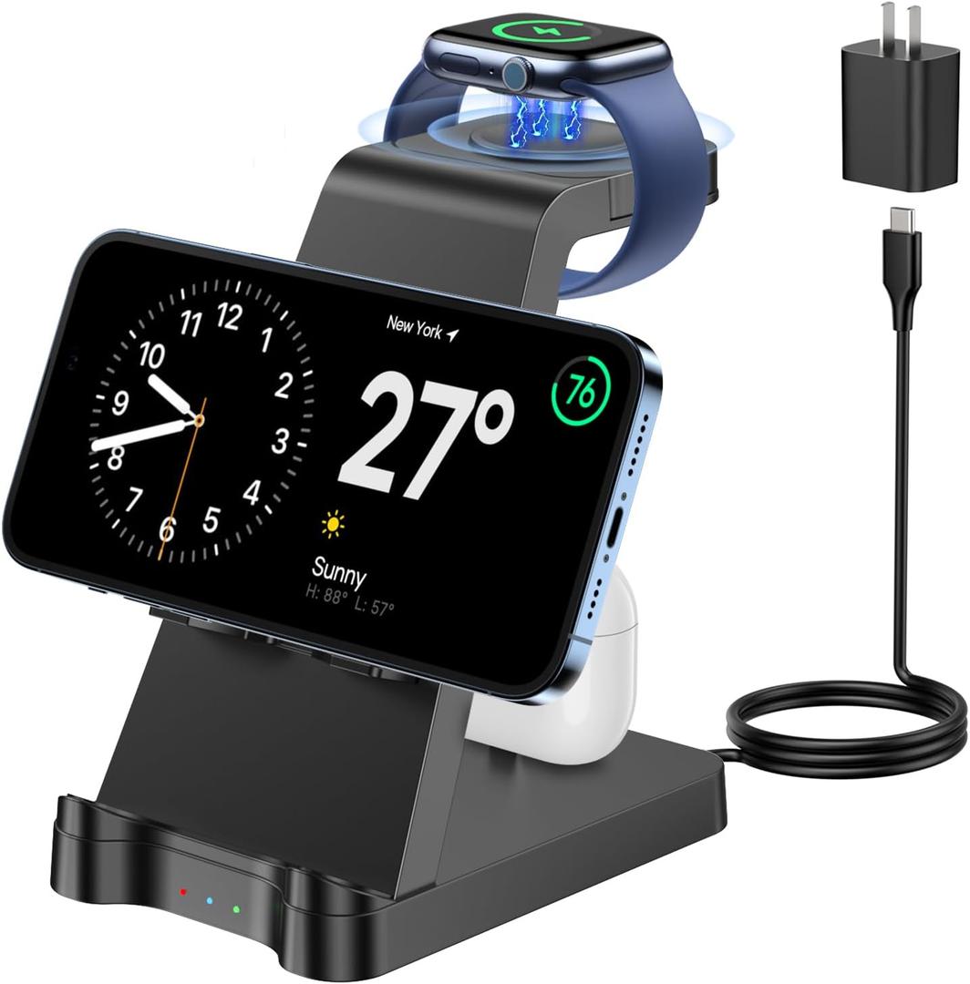 3 in 1 Charging Station for Apple Products - Wireless Charging Station for Multiple Devices - Phone and Watch Charger Stand for iPhone 15/14/13/12/11 Series, iWatch Series 1-9/Ultra, AirPods