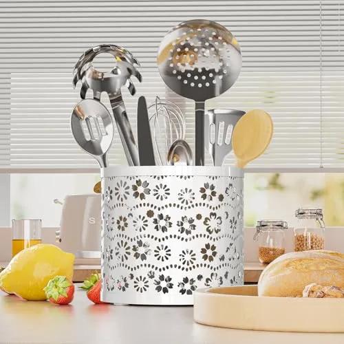 MESHDO Kitchen Utensil Holder for Countertop, 6" x 6" x 5.5"’ Larger Utensil Holder for Kitchen Counter Vintage Cooking Utensil Organizer for Spatula Paring Knives Spoon - White