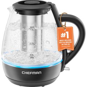 Chefman Electric Kettle with Tea Infuser, 1L 1500W, Removable Lid for Easy Cleaning, Boil-Dry Protection, Stainless Steel Filter, BPA Free, Auto Shut Off Hot Water Boiler, Small Electric Tea Kettle (1 Liter, Black)