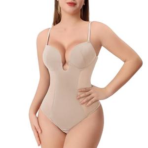 Slimers Thong Shapewear for Women Tummy Control Low Back Invishaper Plunge Backless Body Shaper Bra Open Crotch Bodysuit Beige, M