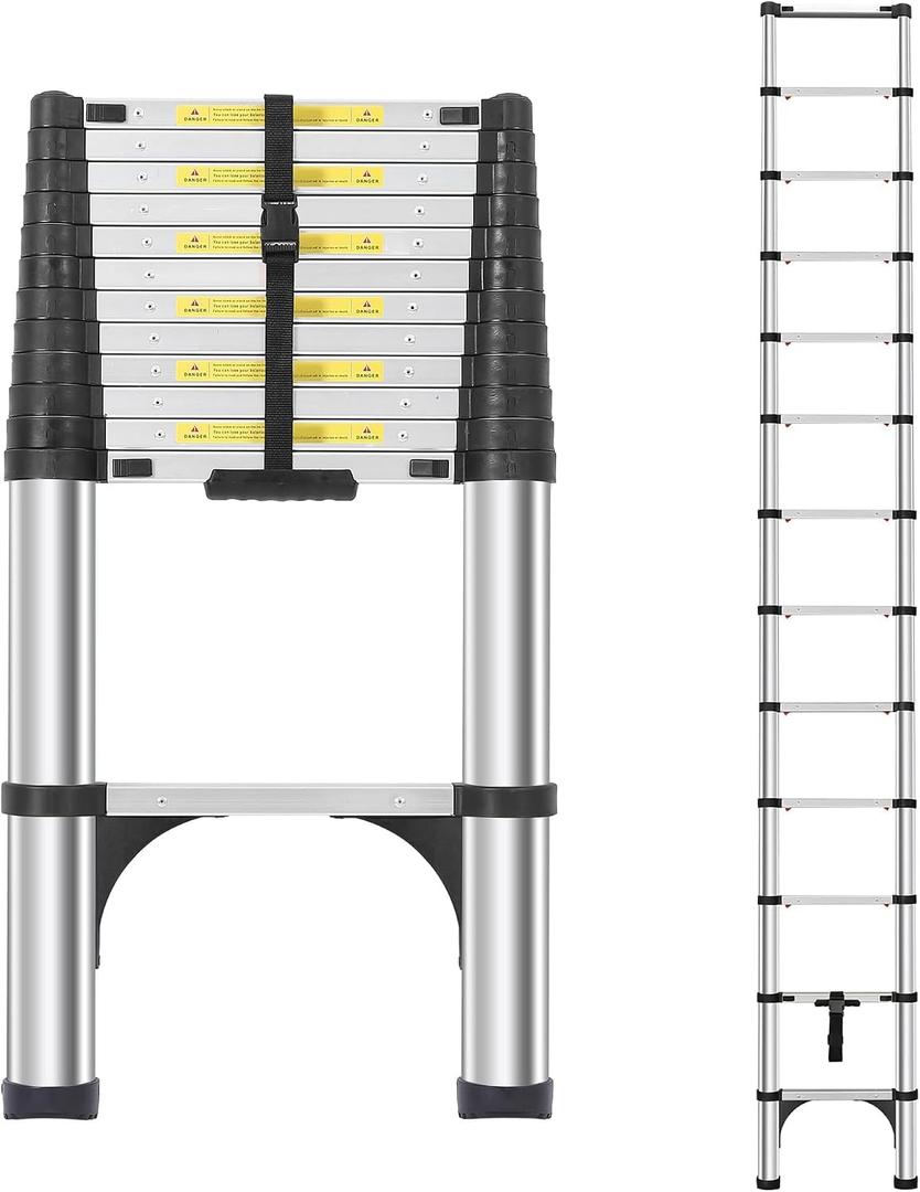 Telescoping Ladder 12.5 FT, Aluminum Lightweight Extension Ladder with 2 Detachable Hooks, Safety Lock Slow Down Design Collapsible Telescopic Ladder for Home & Outdoor