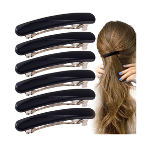 6PCS French Barrette Hair Clips for Women, 2.48 Inch Small Tortoise Shell Hair Clip, Curved Glossy Thin Hair Flat Hair Accessories for Women - Black, Oval Style