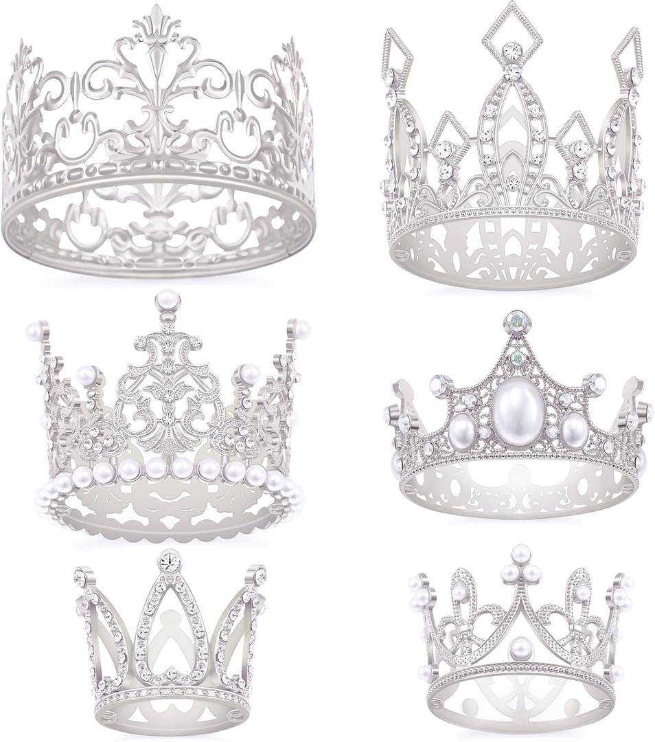 Silver Crown Cake Topper, 6 Pieces Happy Birthday Cake Toppers, Princess Crown Cake Decorations, Mini Crowns for Flower Arrangements, Birthday, Wedding, Party and Baby Shower Decor (Silver-,