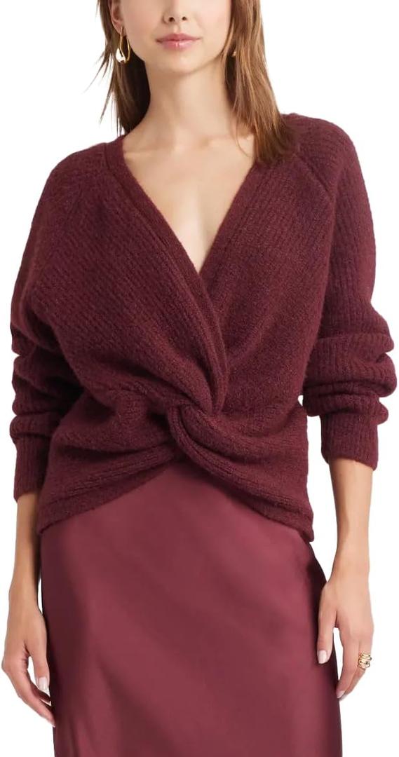 Wrap Sweater for Women Sexy Criss Cross Open Back Reversible Deep V Neck Knit Crop Top for Date Night (Large, Burgundy)