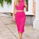 Pink Queen Women's 2 Piece Crew Neck Sleeveless Ribbed Tank Top Bodycon Slit Midi Skirt Outfit Dress Set (S)