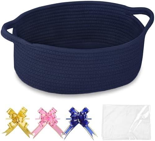 COMSE Small Woven Basket with Gift Bags and Ribbons, Gift Basket Empty, Cotton Rope Storage Organizer, Baby Toy Box with Handles, 12" x 8" x 5", Navy Blue