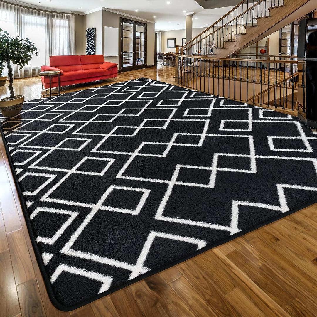 Soft Area Rug for Bedroom, 7x10Ft Moroccan Rugs for Living Room, Geometric Non-Slip Carpet with Memory Foam for Boys Girls's Bedside Office Dining Room Farmhouse, Black and White